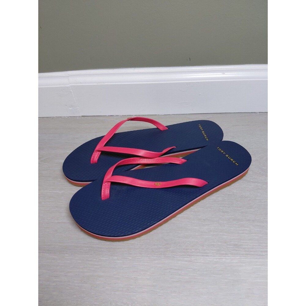 Tory Burch Nappa Leather Flip Flop Sandals Vibrant Pink Blue Gold Logo Sz 8